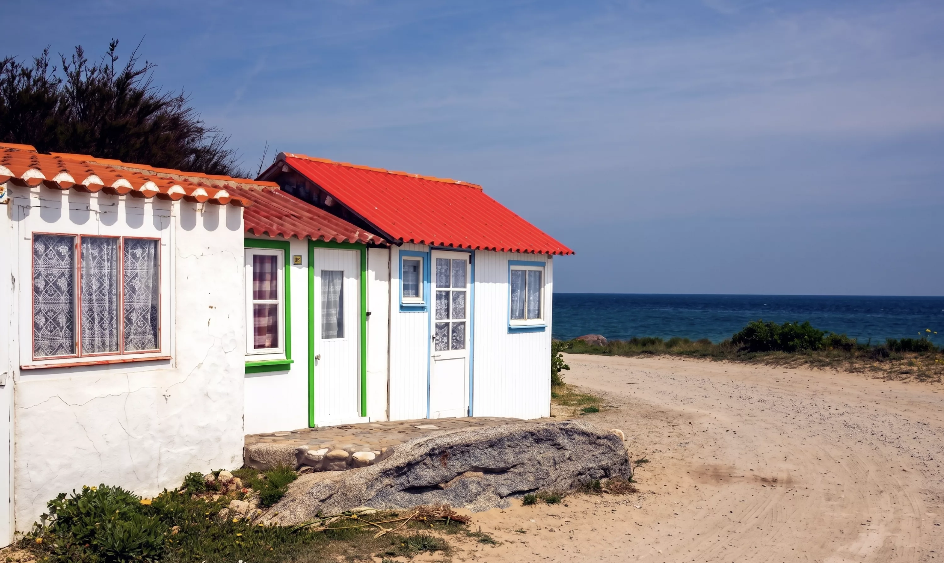 Cabanes de plage blanches aux volets colorés et toit rouge sur le littoral sablonneux de l'Île d'Yeu en Vendée