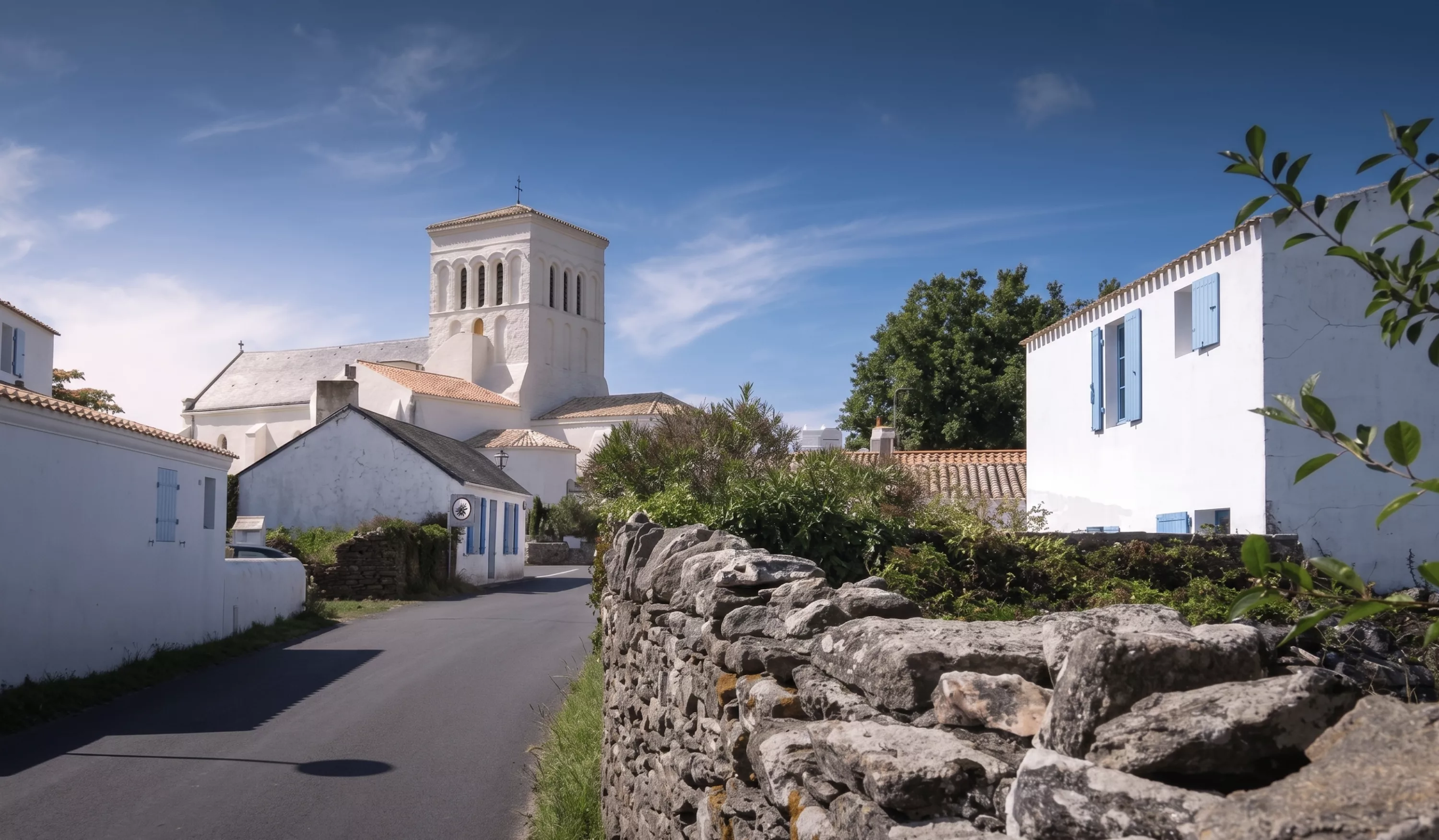 Village typique de l'Île d'Yeu avec son église au clocher blanc, maisons blanches aux volets bleus et murets de pierre