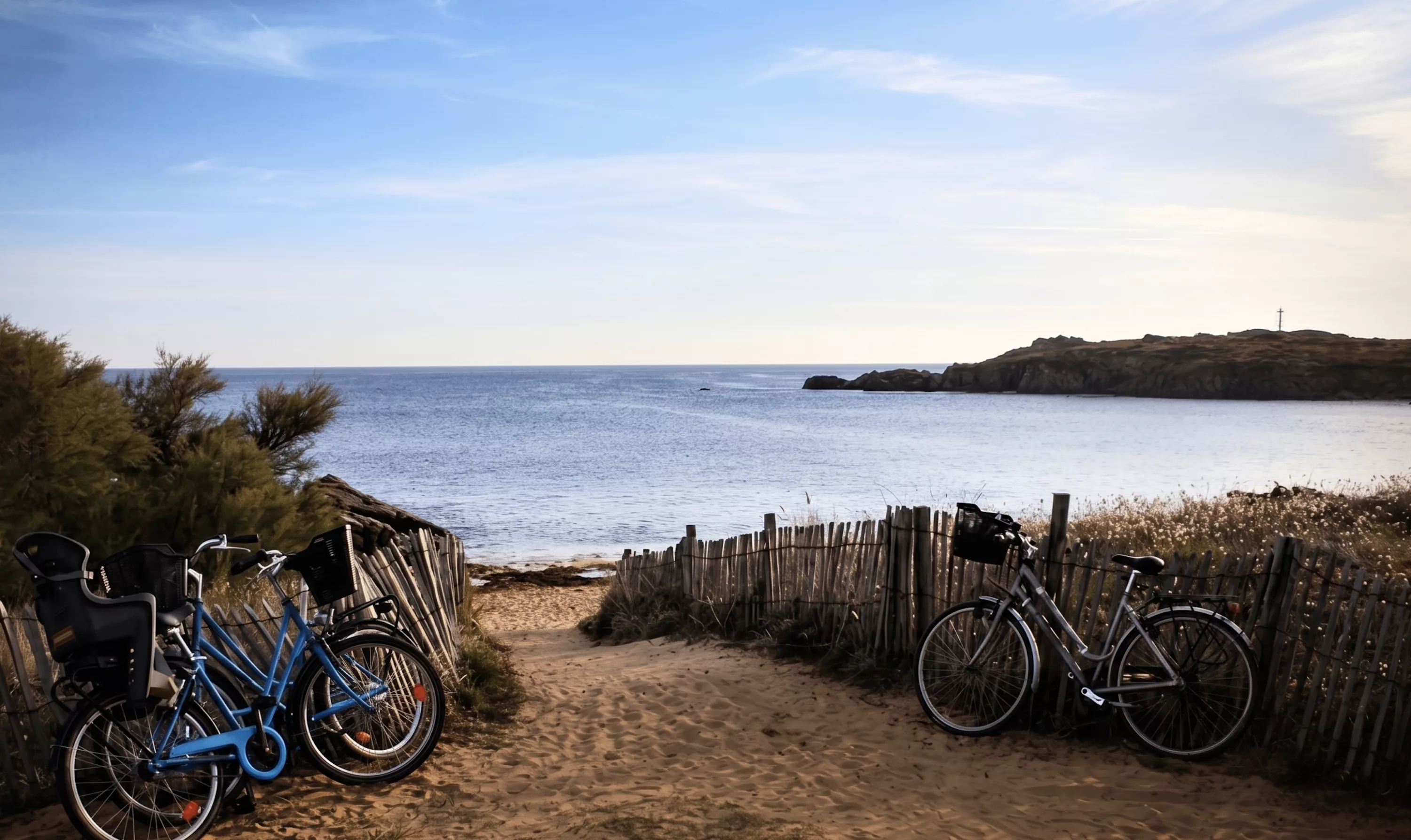 Vélos garés près d'une plage de sable fin avec vue sur la mer et la côte rocheuse de l'Île d'Yeu en Vendée
