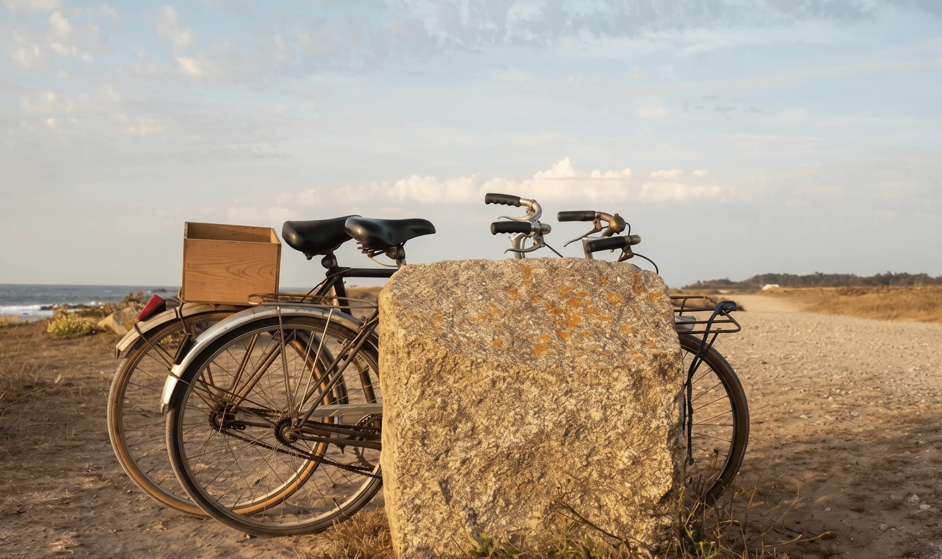 Deux vélos vintage garés contre un rocher sur un chemin côtier de l'Île d'Yeu, panier en bois, ambiance paisible